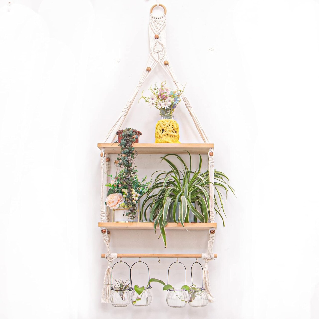 2-Tier Macramé Wall Hanging Shelves – Boho Floating Wood Shelves with Hooks for Plants, Photos, and Storage, Perfect for Bedroom, Living Room, or Bathroom